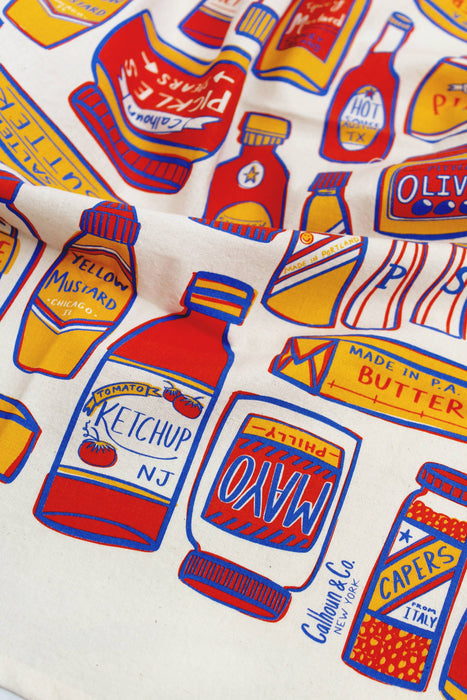 Condiments, Ketchup, Hot Sauce, BBQ Print Tea Towel