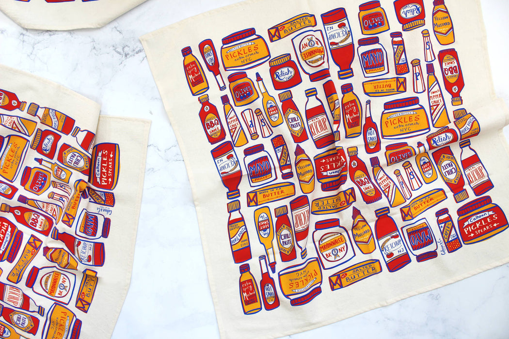 Condiments, Ketchup, Hot Sauce, BBQ Print Tea Towel