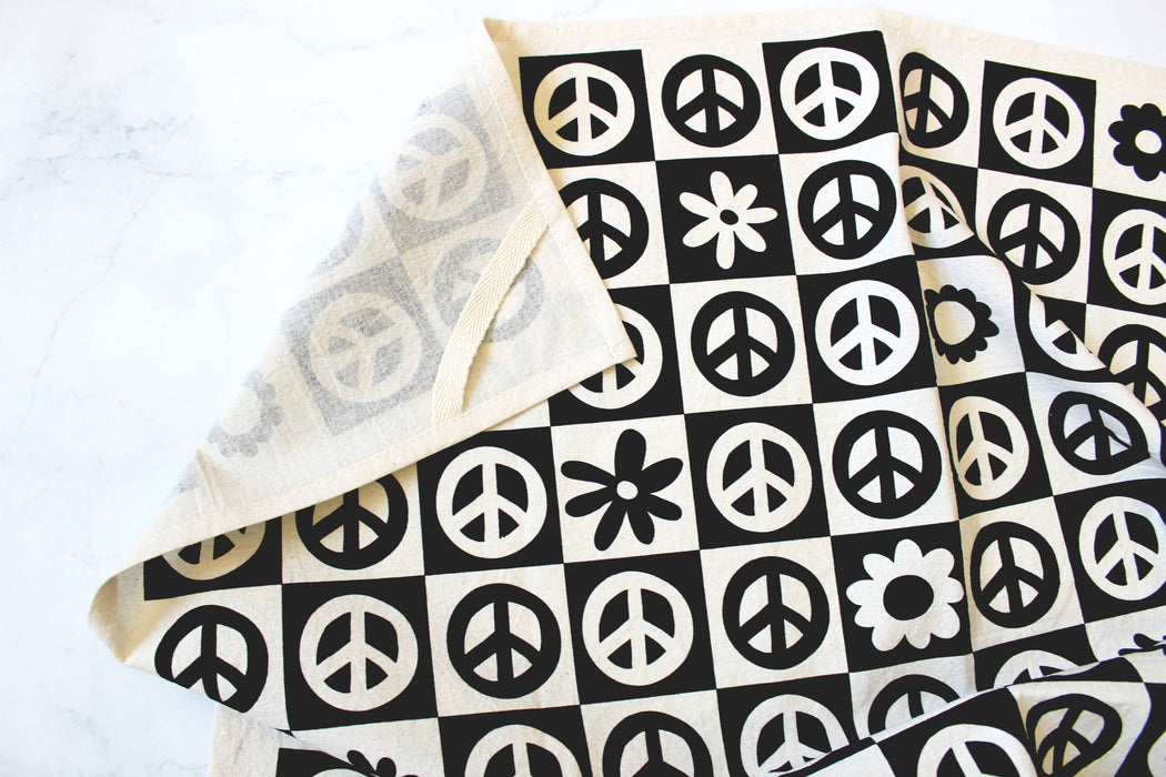 Peace Please Checker Flower Tea Towel: LOVE CHILD black