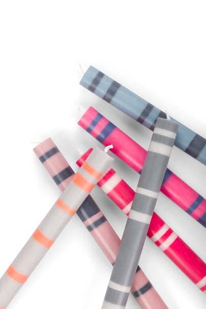 BRITISH COLOUR STANDARD - 25cm / 10'' H  - Striped  - Neyron Pink and Midnight Blue Eco Dinner Candles, Gift Box of 4
