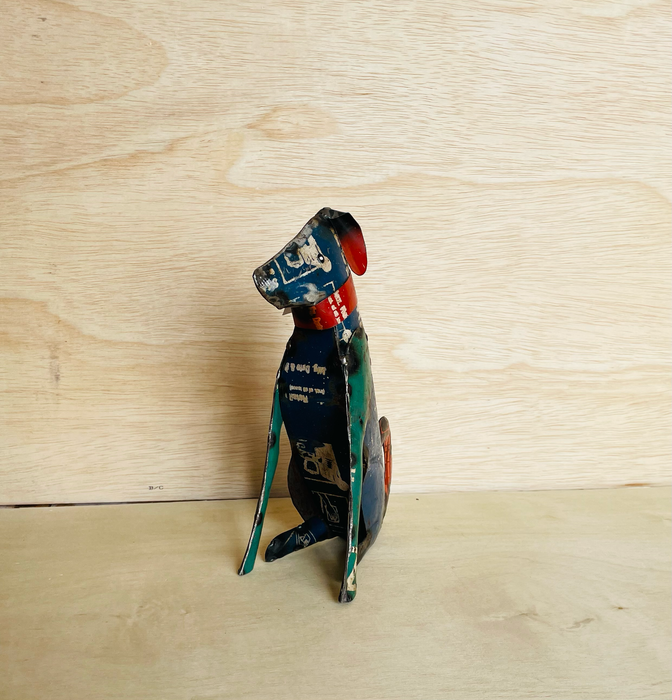 Dog Blue Sitting Recycled Metal Animals