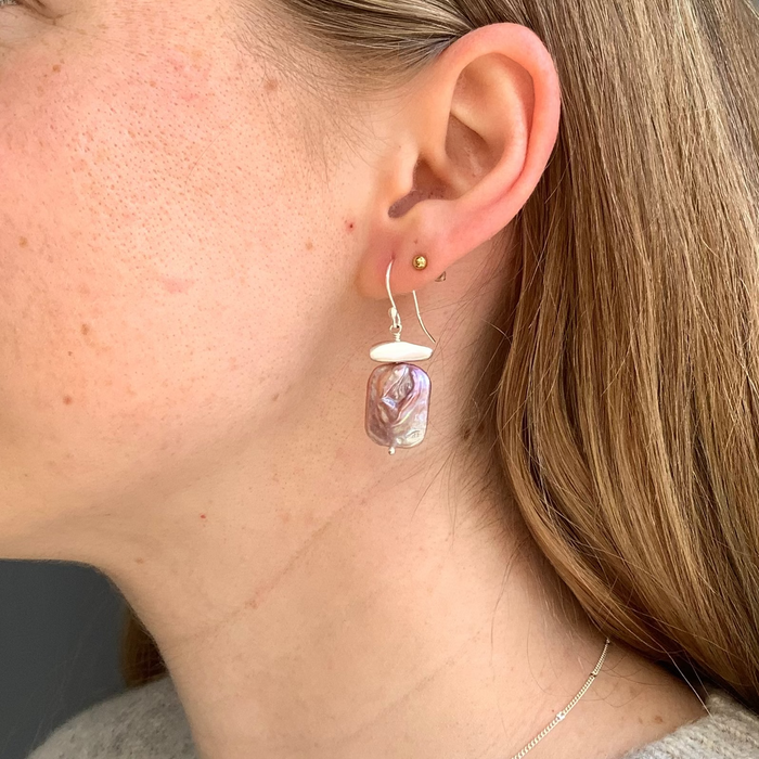 Pink rectangle pearl earrings in silver or vermeil.: Vermeil