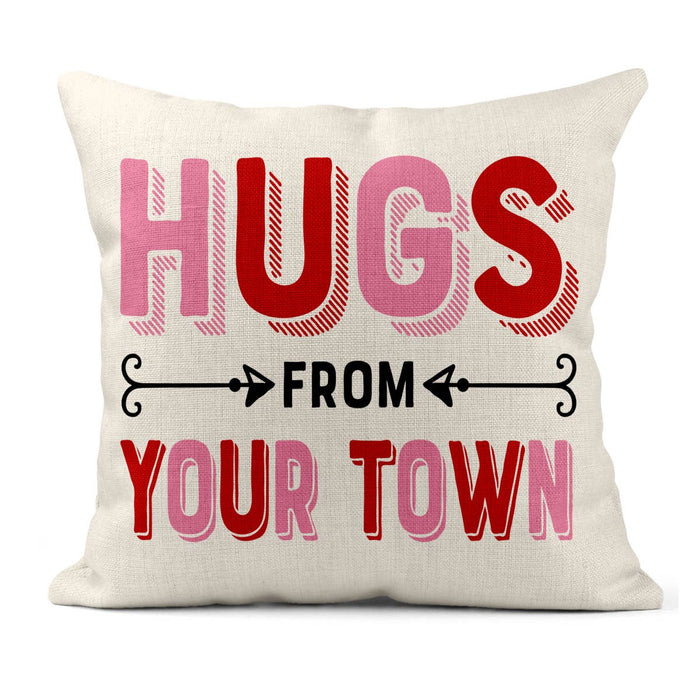 Personalized City Square Pillow, Hugs Name Drop Design: Gray-Green