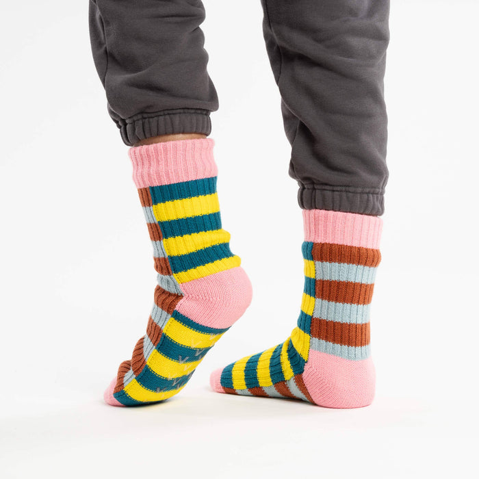 Super Stripe Knit House Socks: Stone Blue Rust / S/M - W 6-9<br>M 5-7.5