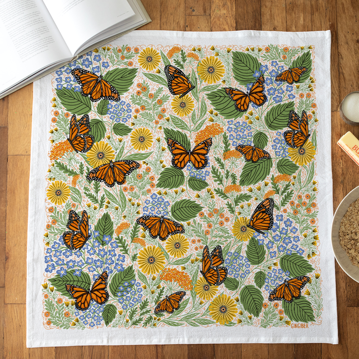 Monarch Garden Tea Towel - Butterfly Floral Kitchen Decor