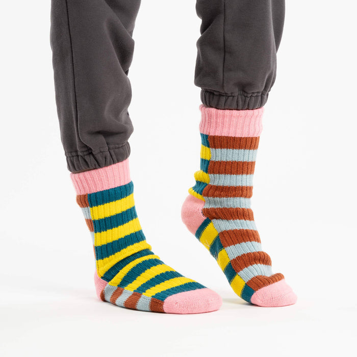 Super Stripe Knit House Socks: Stone Blue Rust / L/XL - W 9.5-12.5<br>M 8-11
