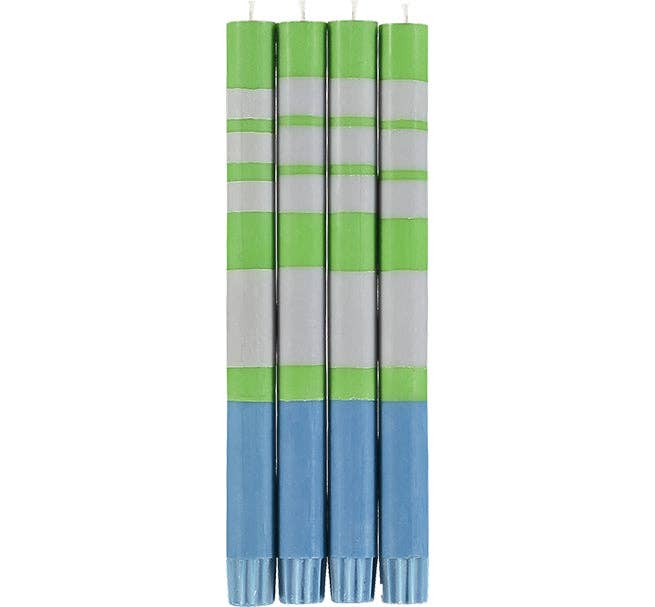 10'' H Striped Nanking Blue, Grass Green & Willow Grey Eco Dinner Candles, Gift Box of 4