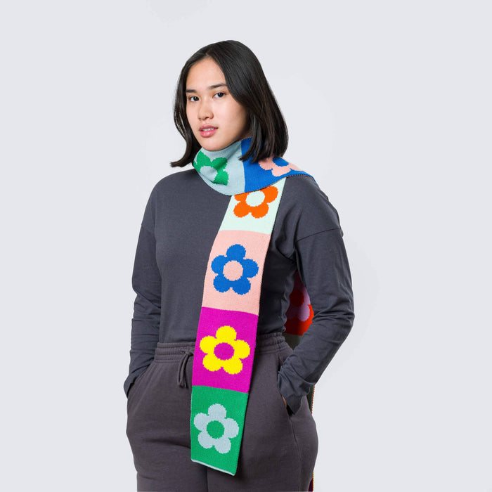 Flower Block Skinny Knit Scarf: Desert
