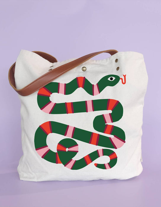 Canvas Tote Bag with Vegan Leather Handle | Striped Snake