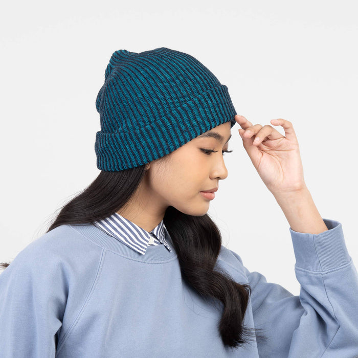 Simple Rib Knit Beanie: Golden Olive Navy