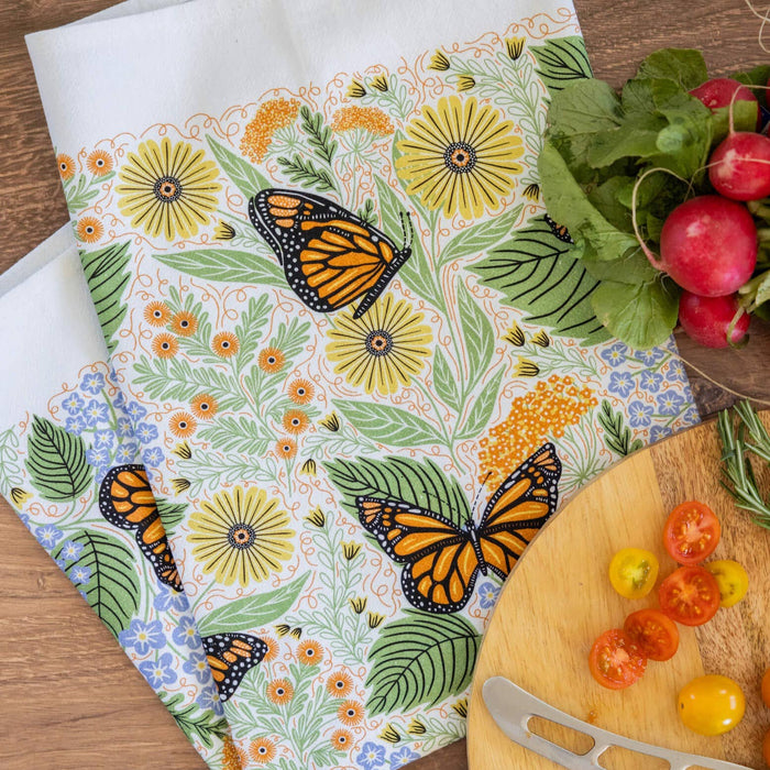 Monarch Garden Tea Towel - Butterfly Floral Kitchen Decor
