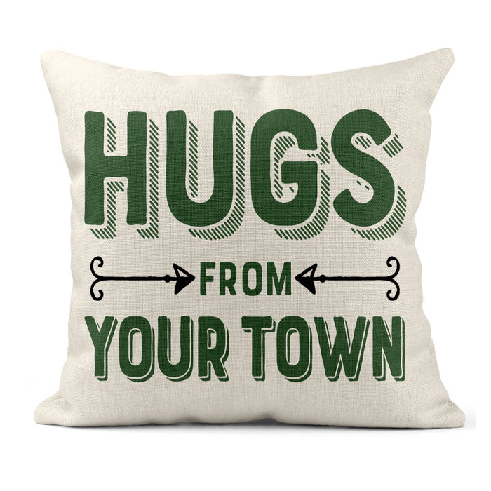 Personalized City Square Pillow, Hugs Name Drop Design: Gray-Green