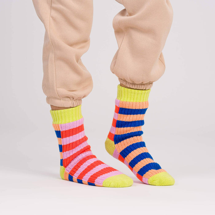 Super Stripe Knit House Socks: Peach Cobalt / S/M - W 6-9<br>M 5-7.5