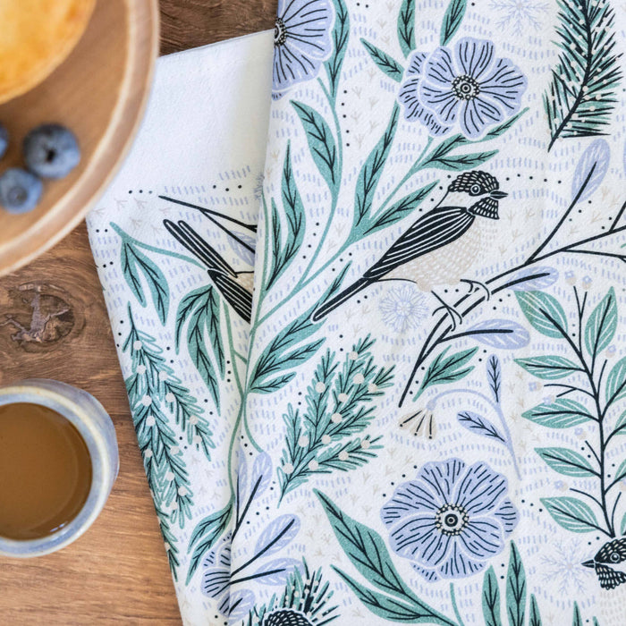 Winter Retreat Tea Towel - Woodland Bird Kitchen Towel Decor