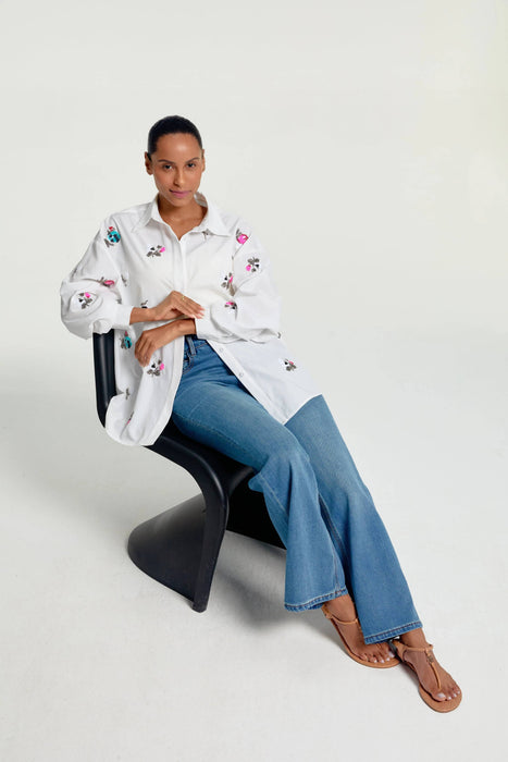 Women’s Oversized Embroidered Button-Down: Ivory Bloom / L