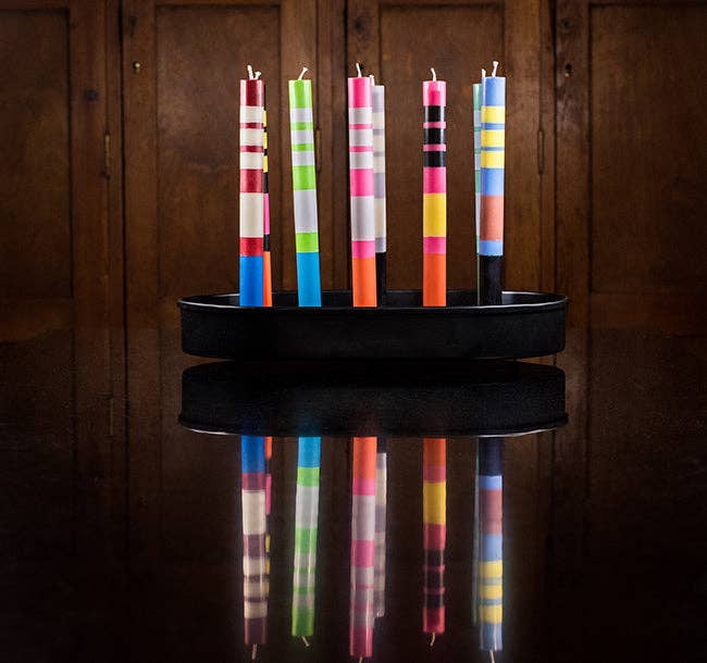 10'' H Striped Striped Neyron, Sulphur, Jet & Orange Flame Eco Dinner Candles,  Gift Box of 4