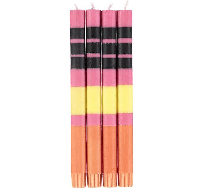 10'' H Striped Striped Neyron, Sulphur, Jet & Orange Flame Eco Dinner Candles,  Gift Box of 4