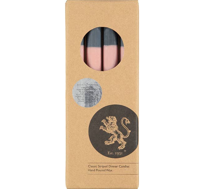 10'' H ABSTRACT Striped Old Rose, Pompadour & Indigo Eco Dinner Candles, Gift Box of 4