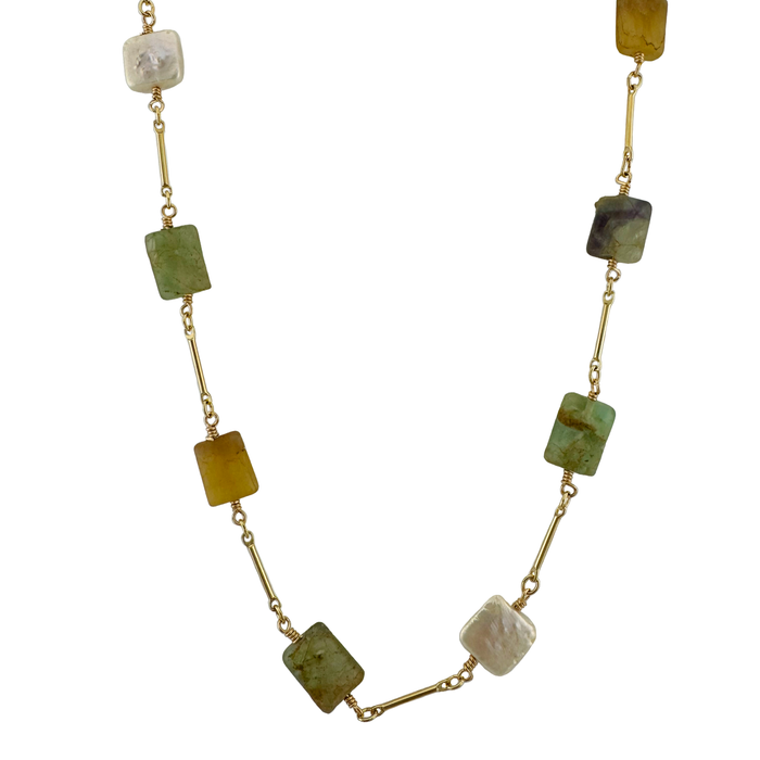 Fluorite & Pearl Chain Necklace in Silver or Vermeil: Vermeil