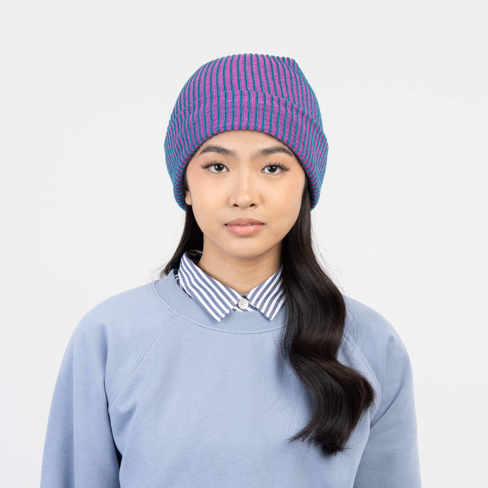 Simple Rib Knit Beanie: Cobalt Sand