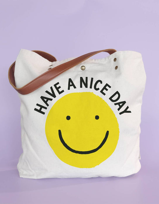 Canvas Tote Bag with Vegan Leather Handles | Smiley