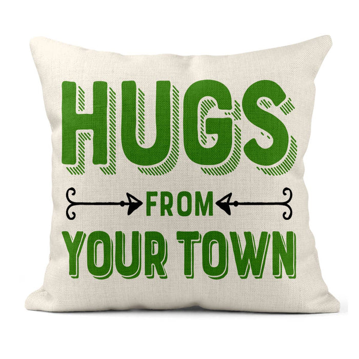Personalized City Square Pillow, Hugs Name Drop Design: Gray-Green
