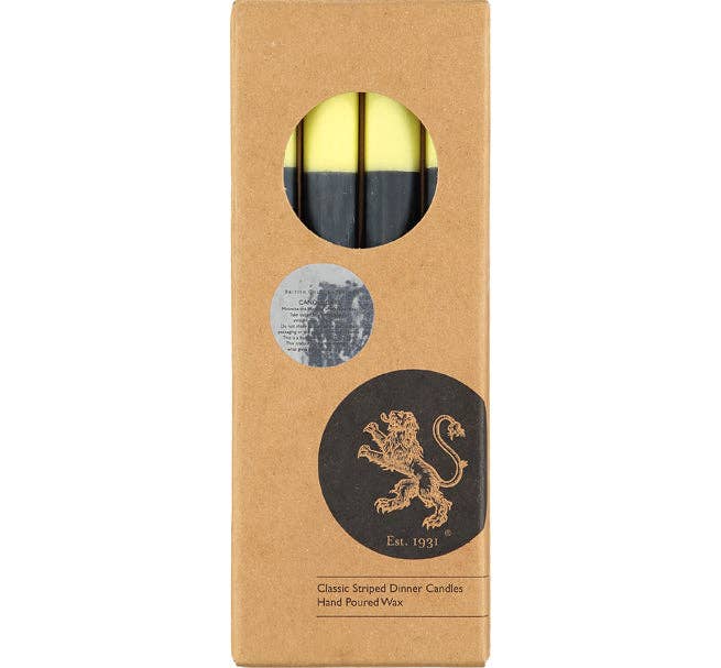 BRITISH COLOUR STANDARD - 25cm / 10'' H ABSTRACT Striped Olive, Indigo & Jasmine Eco Dinner Candles, Gift Box of 4