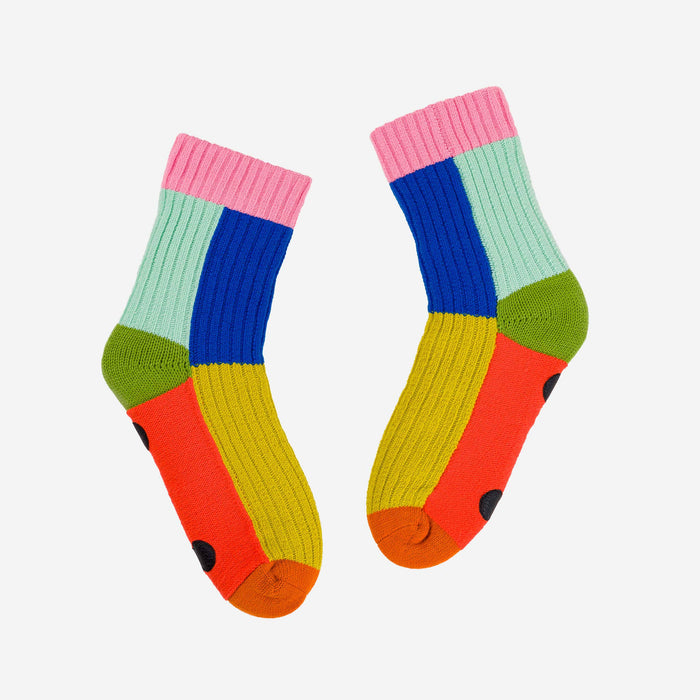 Kaleidoscope Knit House Socks: Olive Cobalt / L/XL - W 9.5-12.5<br>M 8-11