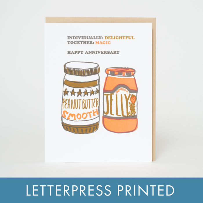 PB&J Anniversary Congrats Letterpress Greeting Card by Egg Press: Plastic sleeve