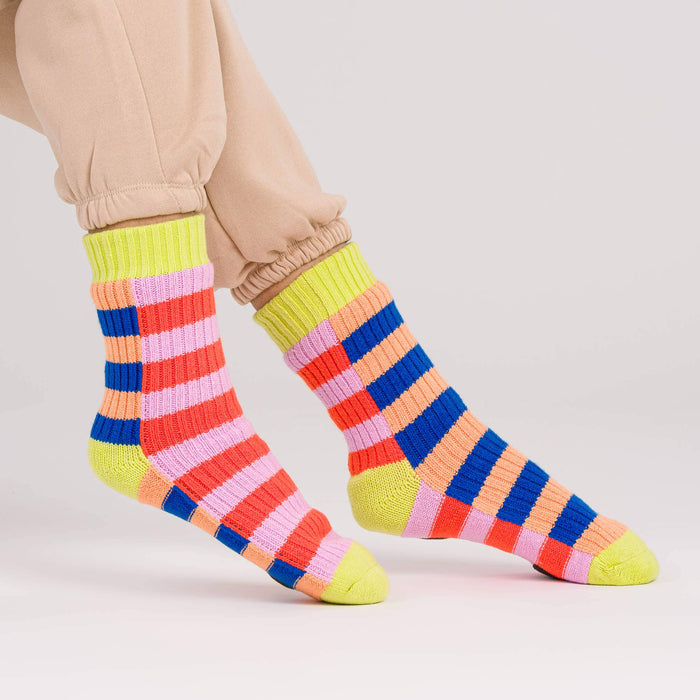 Super Stripe Knit House Socks: Peach Cobalt / S/M - W 6-9<br>M 5-7.5