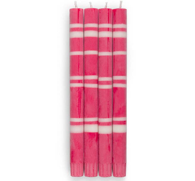 BRITISH COLOUR STANDARD - 25cm / 10'' H  - Striped  - Oriental Red and Pearl Eco Dinner Candles, Gift Box of 4