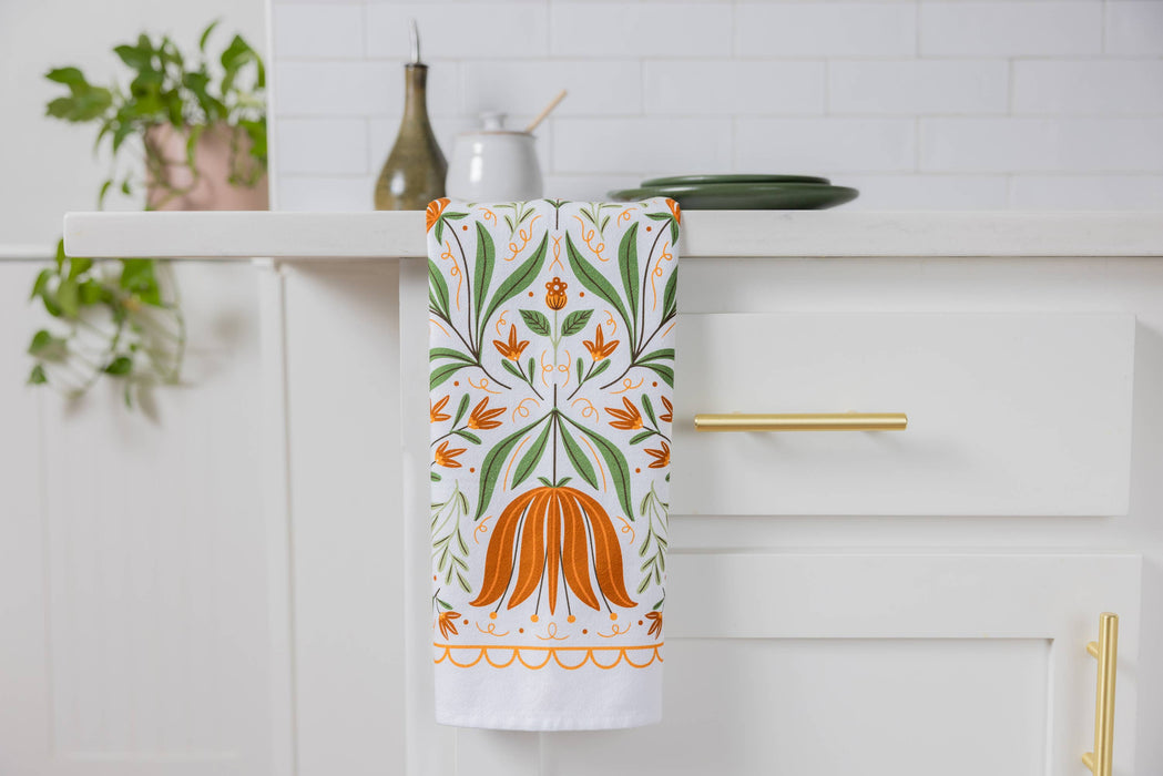 Folk Floral Tea Towel - Fall Kitchen Dish Towel Decor