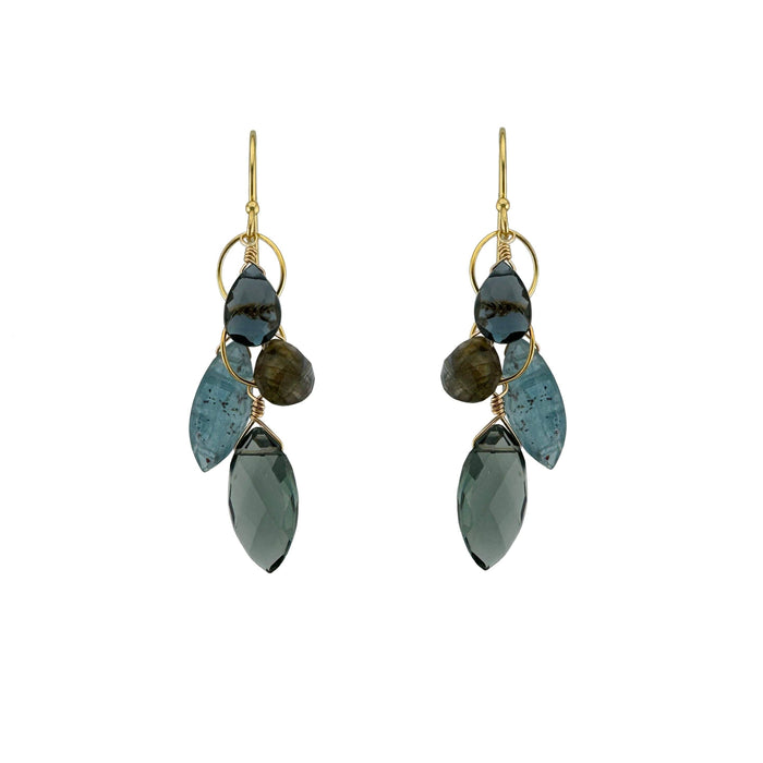 Labradorite, kyanite, & topaz cluster earrings: Vermeil