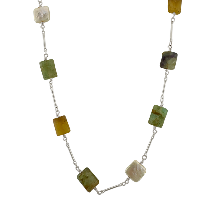 Fluorite & Pearl Chain Necklace in Silver or Vermeil: Vermeil