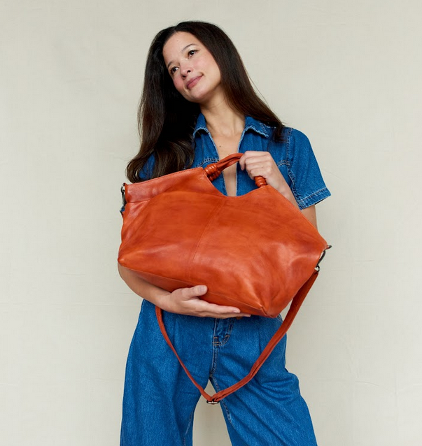 Nelly Handcrafted Leather Tote/Crossbody Bags: Orange