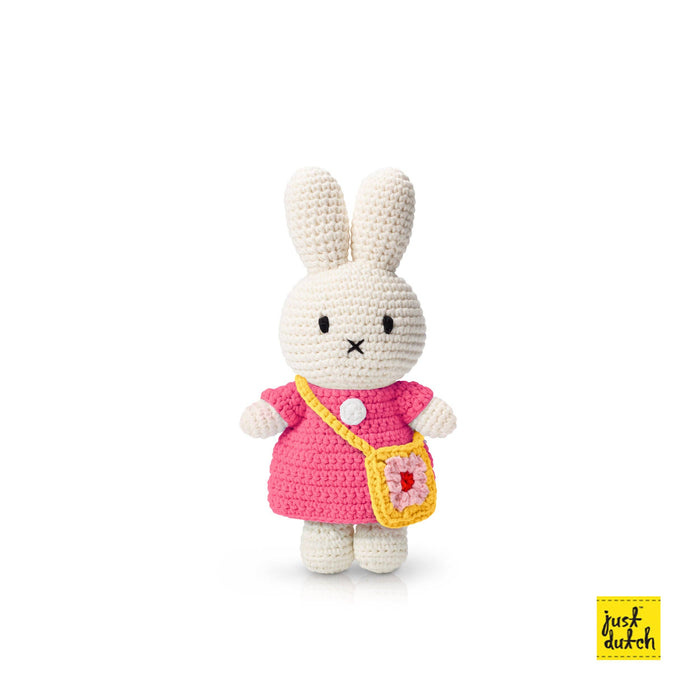 Miffy and her flower bag: Pastel pink dress with blue flower bag