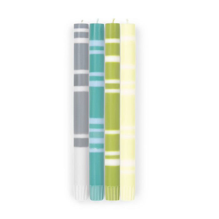 BRITISH COLOUR STANDARD - 25cm / 10'' H  - Mixed Striped Set - Greys and Greens Eco Dinner Candles, Gift Box of 4