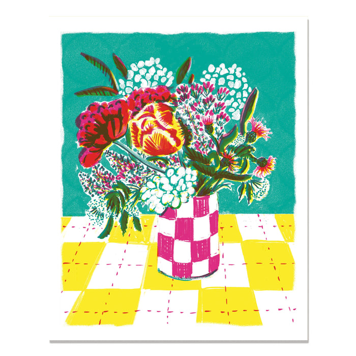 Hydrangea and Checks Risograph Art Print