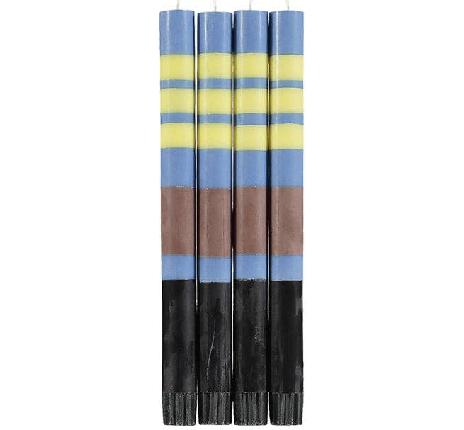 10'' H Striped Rose Beige, Saxe Blue, Jet Black & Primrose Yellow Eco Dinner Candles, Gift Box of 4
