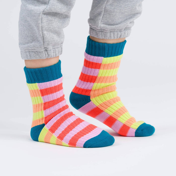 Super Stripe Knit House Socks: Peach Cobalt / S/M - W 6-9<br>M 5-7.5