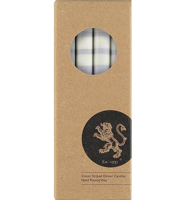 Striped Jet Black, Pearl White + Dove Grey Eco Dinner Candles, Box of 4