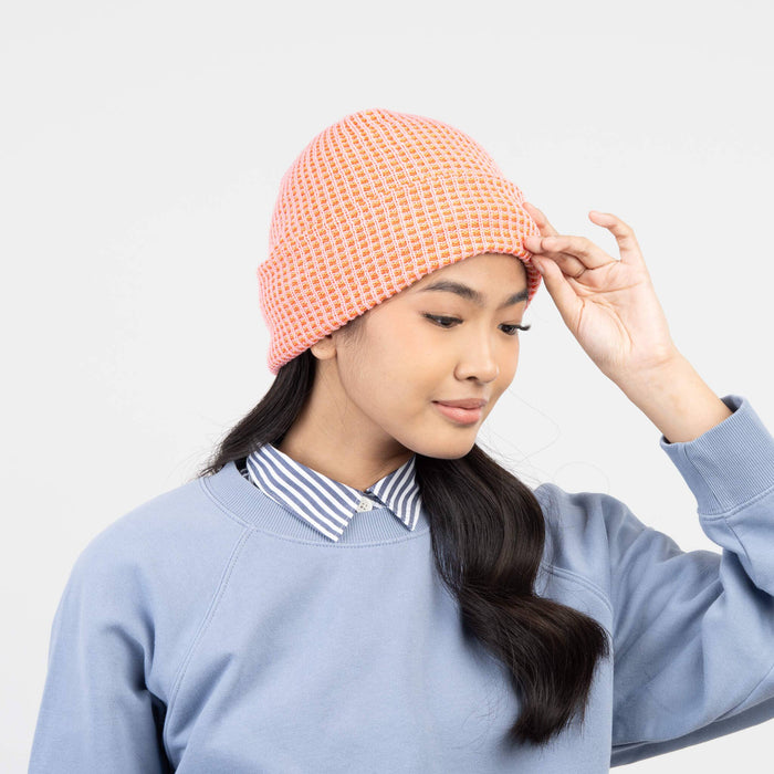 Simple Grid Knit Beanie: Cobalt Peach