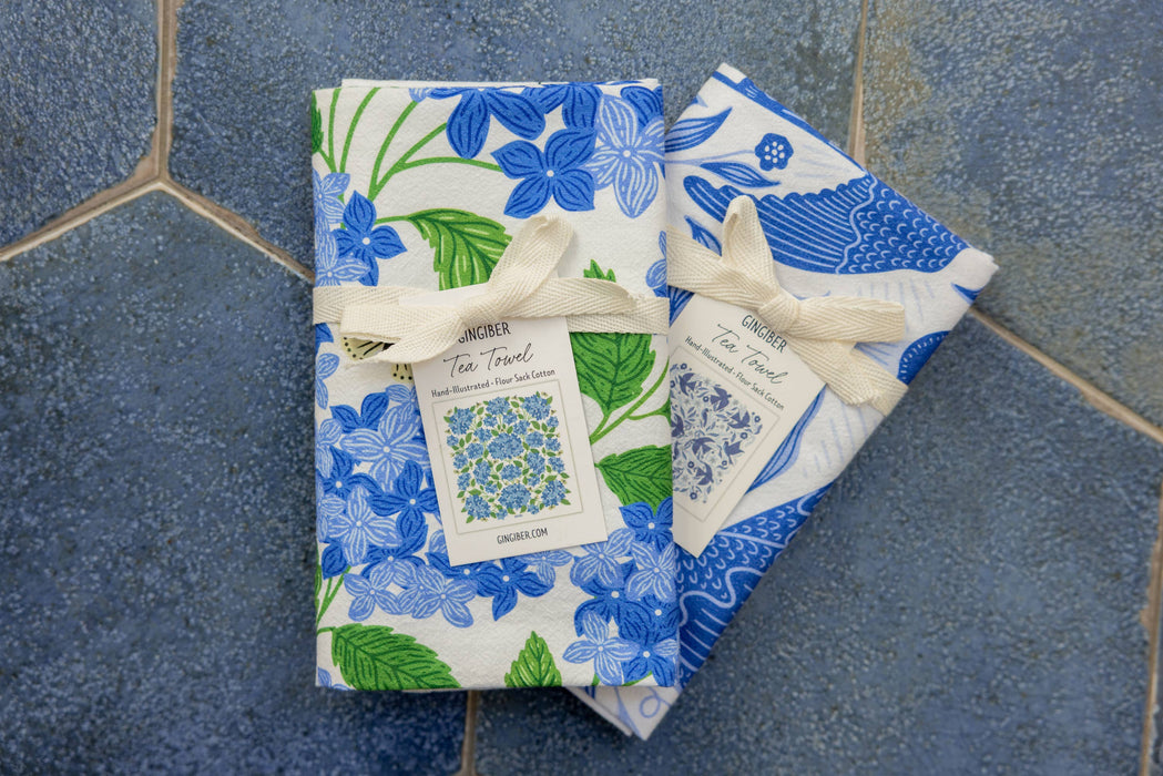 Blue Hydrangeas Tea Towel - Spring Floral Kitchen Towel