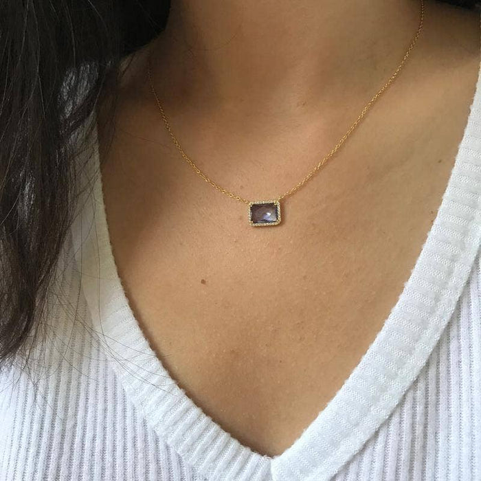 Atiena - Lab Created Rectangle Gemstone Necklace: Tanzanite Purple
