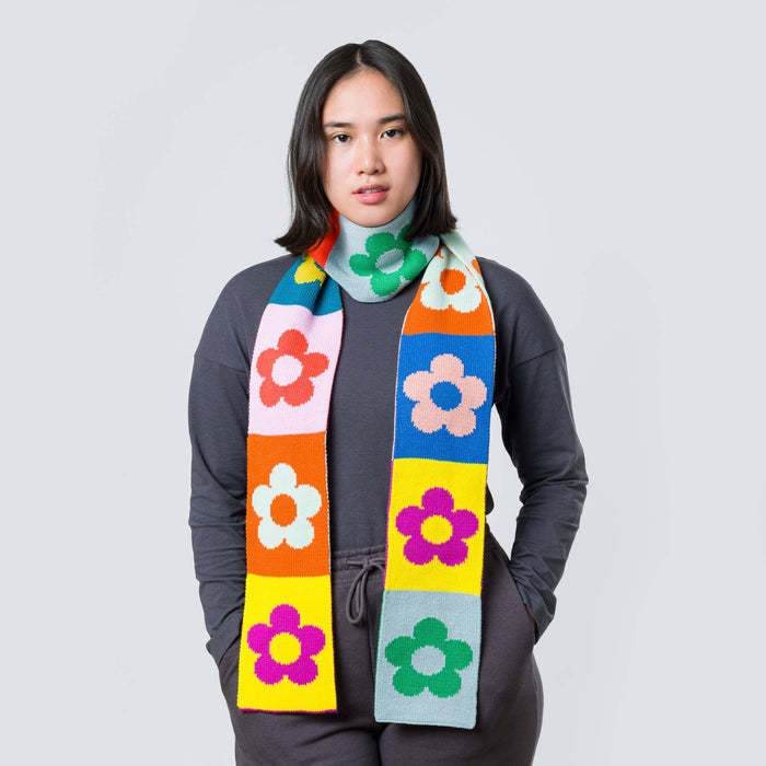 Flower Block Skinny Knit Scarf: Desert