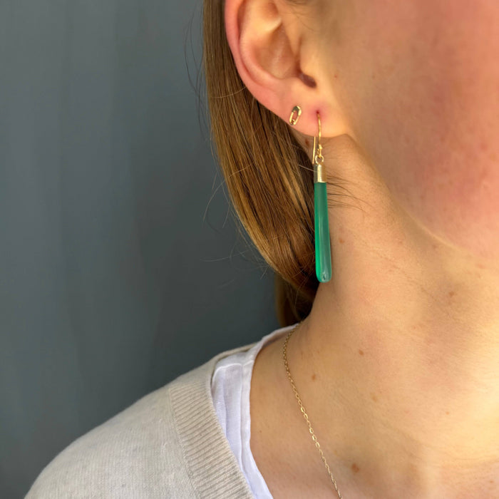 Long Green Onyx Earrings in Silver or Vermeil: Vermeil