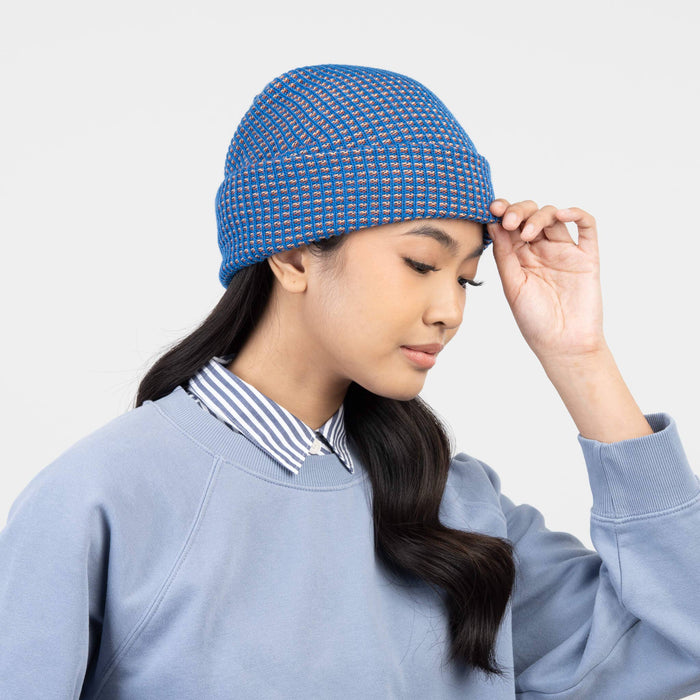 Simple Grid Knit Beanie: Cobalt Peach