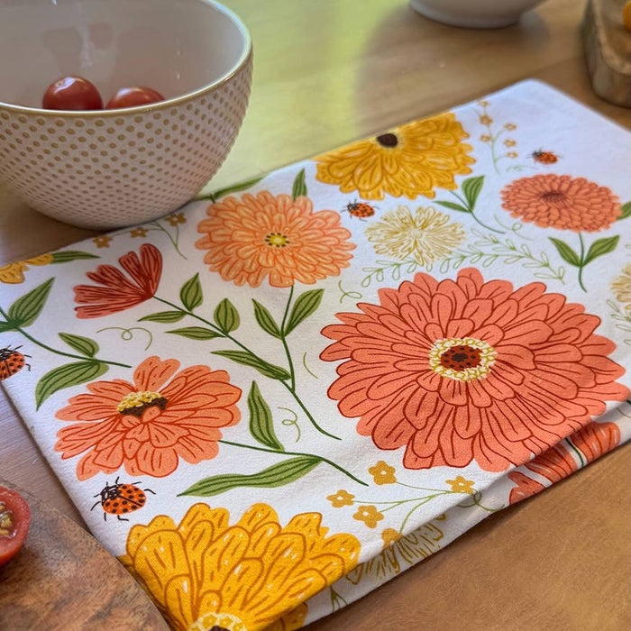Zinnia Tea Towel - Spring Floral Kitchen Decor