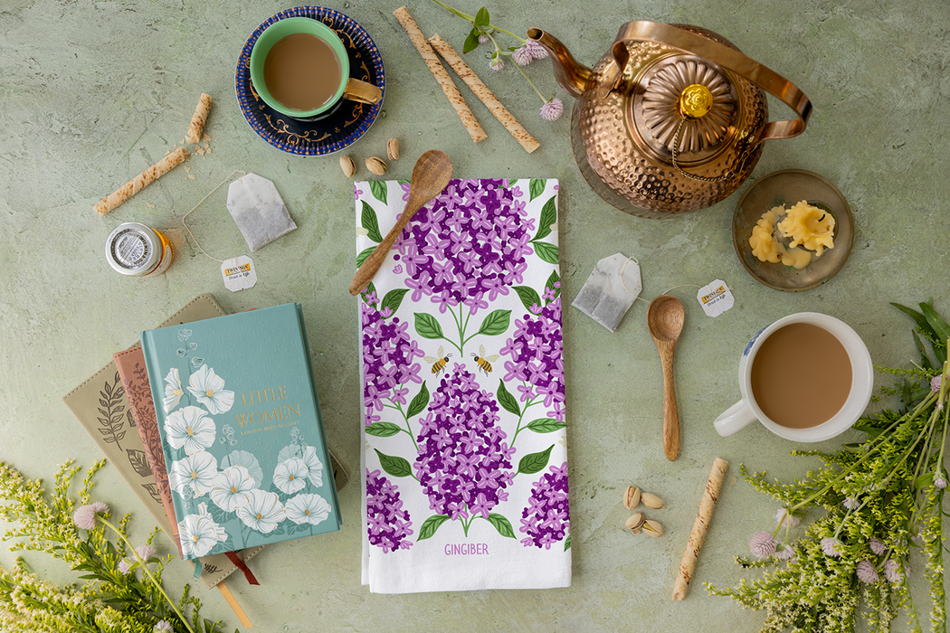 Purple Lilac Tea Towel - Spring Floral Kitchen Towel Decor