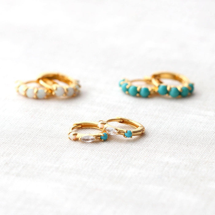 Seaside Spark Huggie Hoop Earrings 18K Gold Vermeil CZ, Opal and Turquoise Stones 12.5" Hoops Hinge Closure Nickel Free Hypoallergenic Ships from CA